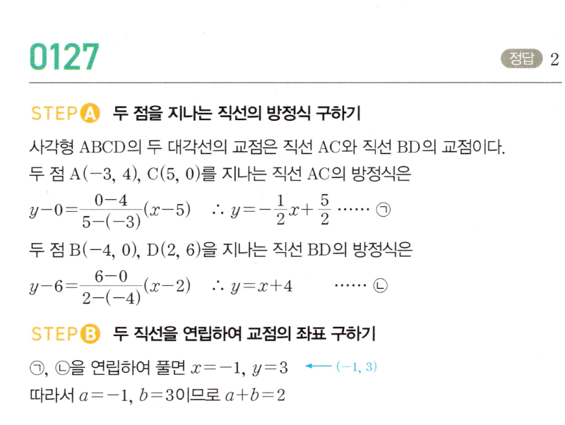 MAPL 공통수학2 0127번 해설 - 사각형 대각선 교점 구하기