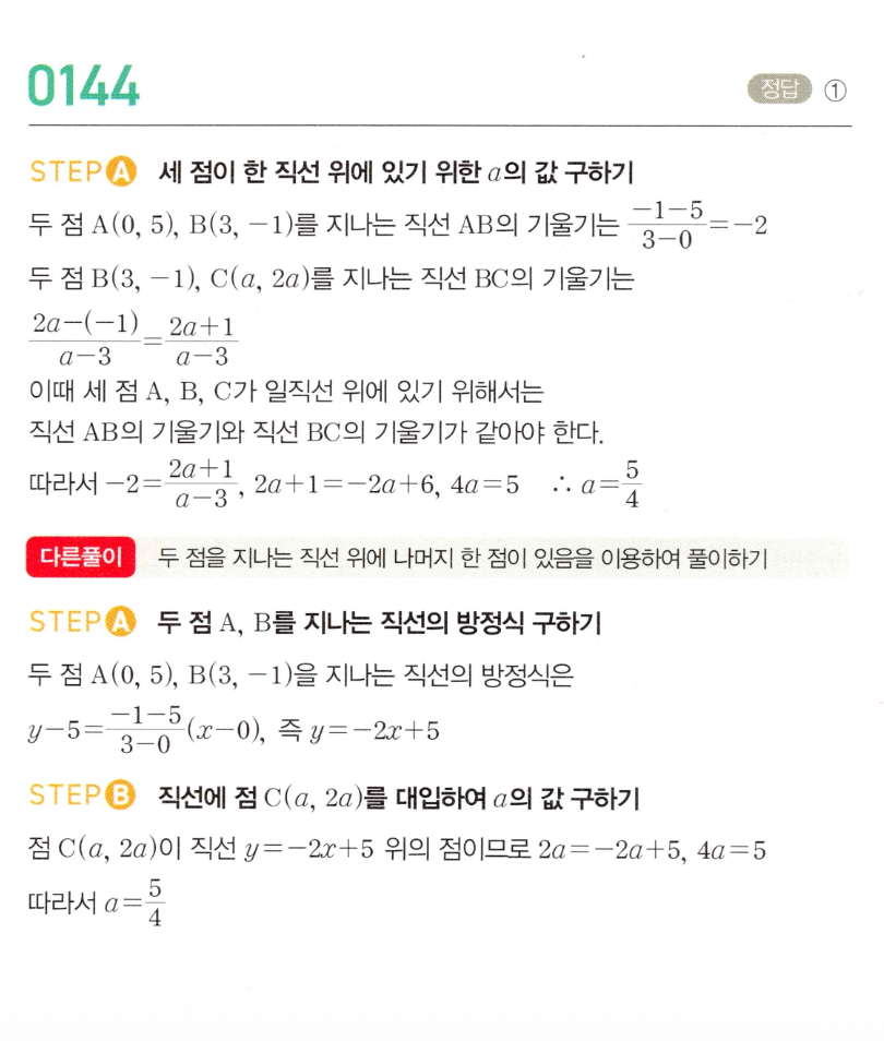 0144번 해설 이미지 — 세 점이 한 직선 위에 있도록 하는 상수 a 구하기 (기울기 같음 / 직선 세워 점 대입 두 가지 풀이)