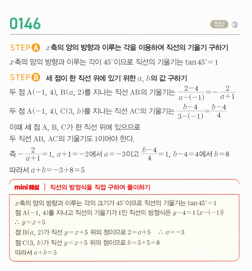 MAPL 공통수학2 0146번 해설 이미지 — 세 점이 한 직선 위에 있을 조건, x축과 45° 기울기