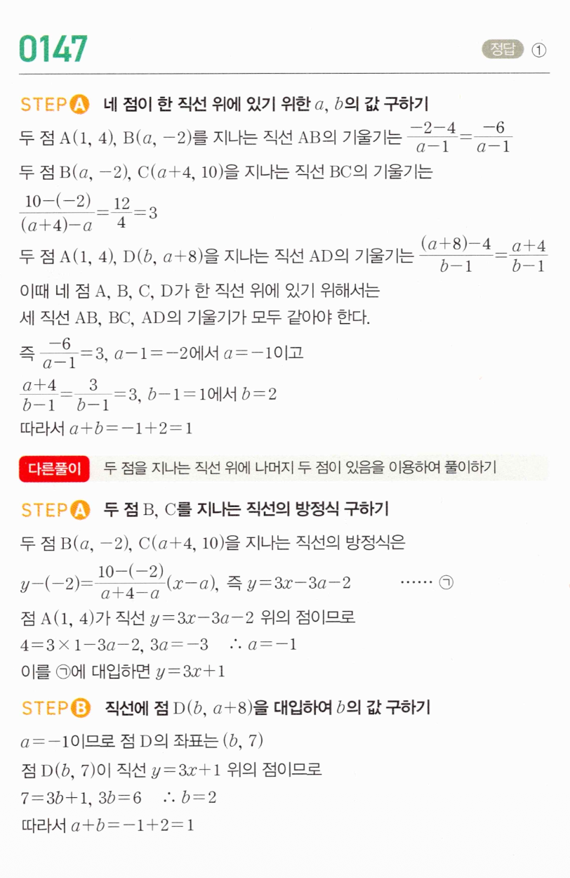 MAPL 공통수학2 0147번 해설 이미지 — 네 점이 한 직선 위에 있을 조건, 기울기 일치와 연립