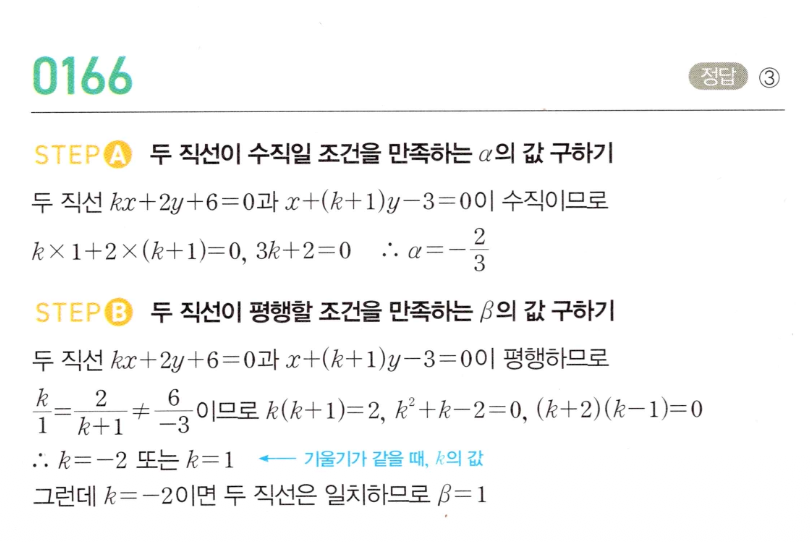MAPL 공통수학2 0166번 해설 이미지 1 — 두 직선의 수직·평행 조건으로 상수 구하기