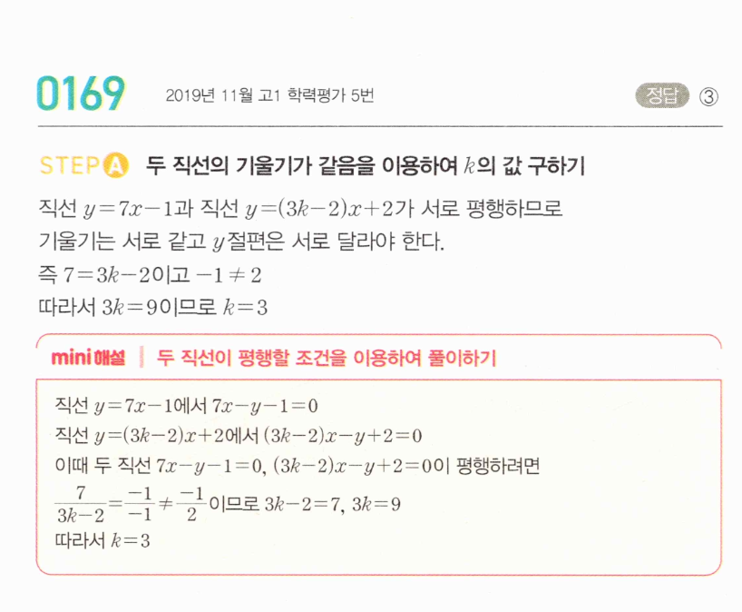 MAPL 공통수학2 0169번 두 직선의 평행 조건 해설