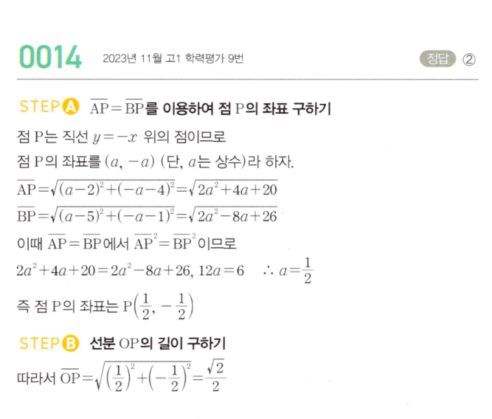 MAPL 마플시너지 공통수학2 0014번 해설 — 직선 y=-x 위의 등거리 점 P 좌표와 OP의 길이