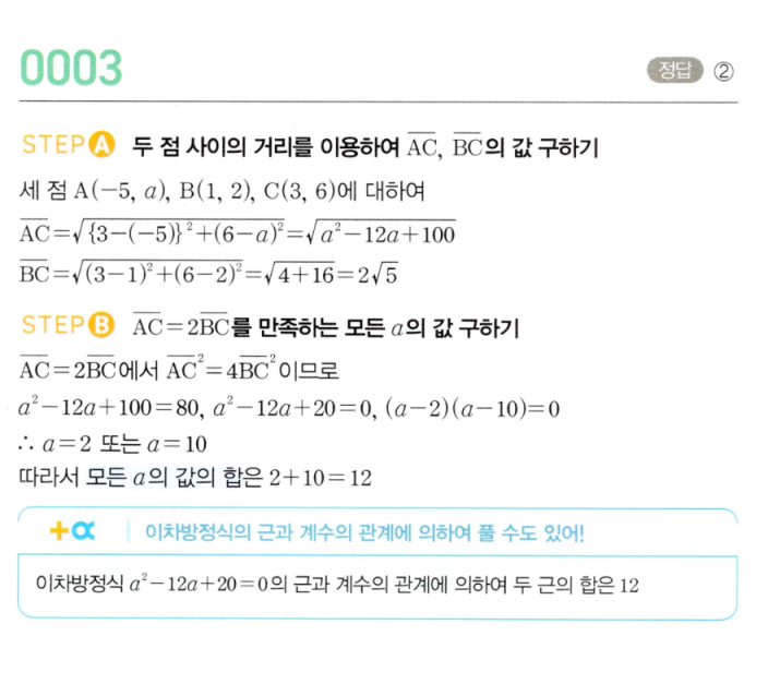 MAPL 마플시너지 공통수학2 0003번 두 점 사이의 거리 AC=2BC 모든 실수 a의 합 해설