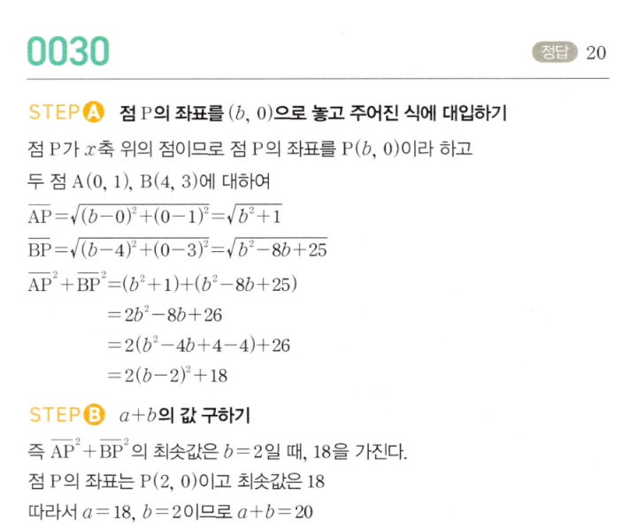 MAPL 공통수학2 0030번 해설 - x축 위의 점 P에서 AP²+BP²의 최솟값과 a+b 구하기