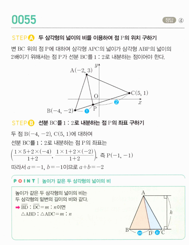 MAPL 마플시너지 공통수학2 0055번 해설 — 넓이비로 BC를 1:2 내분하는 점 P 좌표 구하기