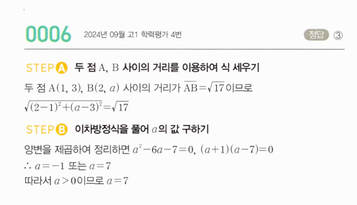 MAPL 마플시너지 공통수학2 0006번 해설 — 두 점 사이의 거리, 양수 조건으로 a 구하기