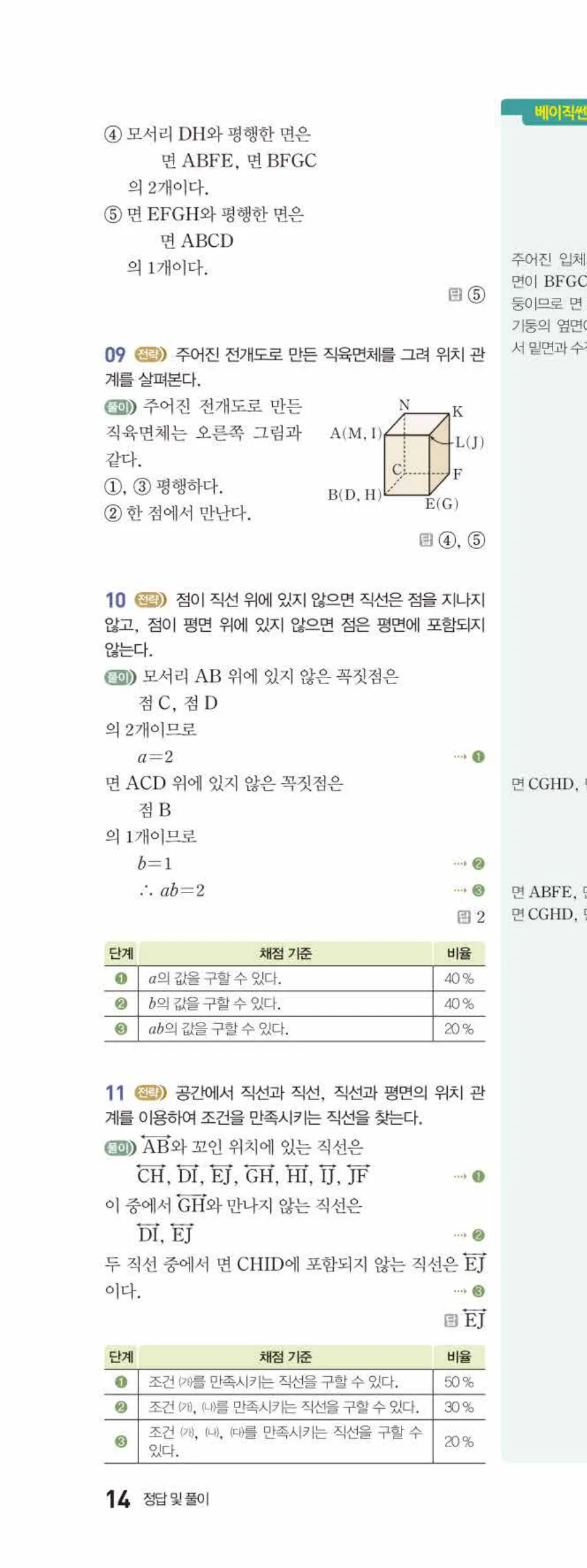 베이직쎈 중1-2 02 위치 관계 답지 해설 14쪽 위