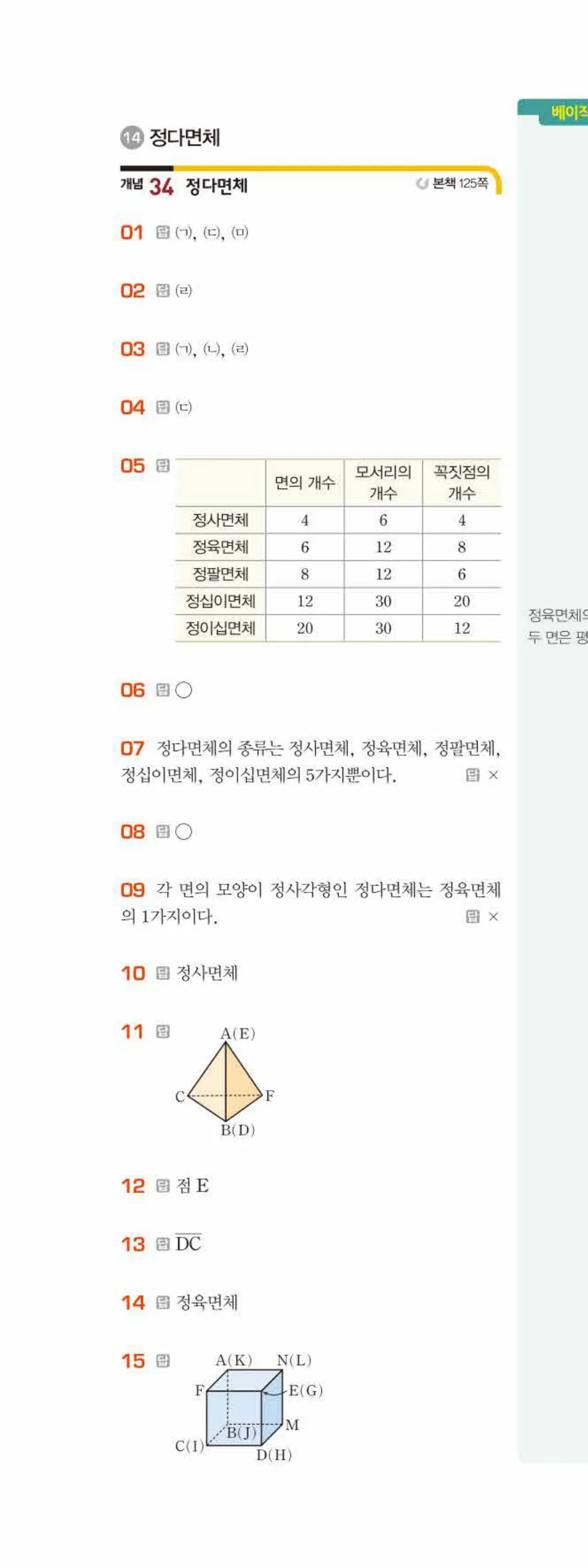 베이직쎈 중1-2 07 다면체와 회전체 답지 해설 53쪽 위