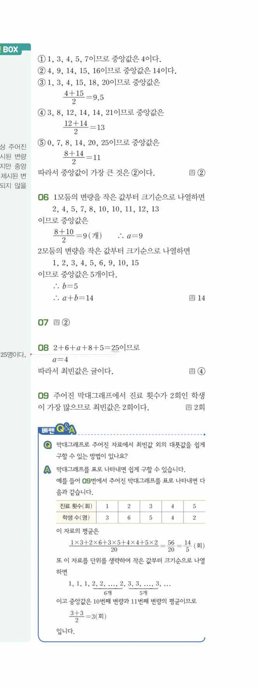 베이직쎈 중1-2 09 도수분포표 답지 해설 70쪽 아래