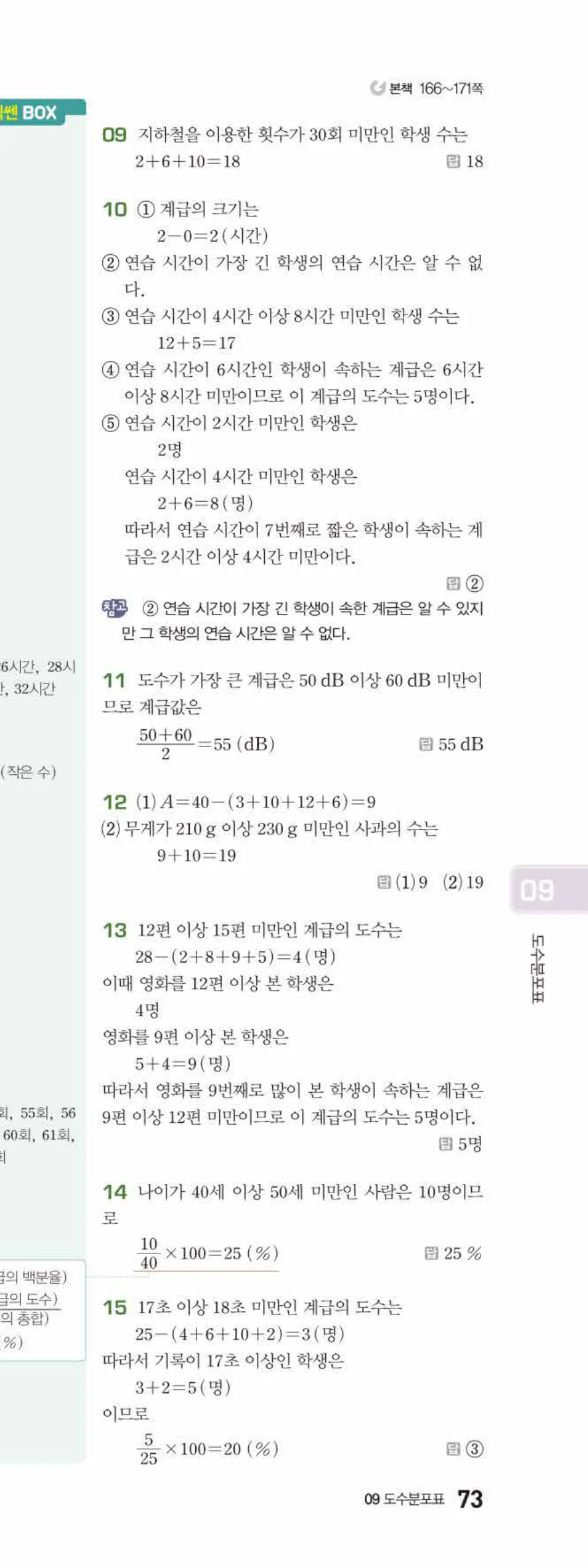 베이직쎈 중1-2 09 도수분포표 답지 해설 73쪽 아래