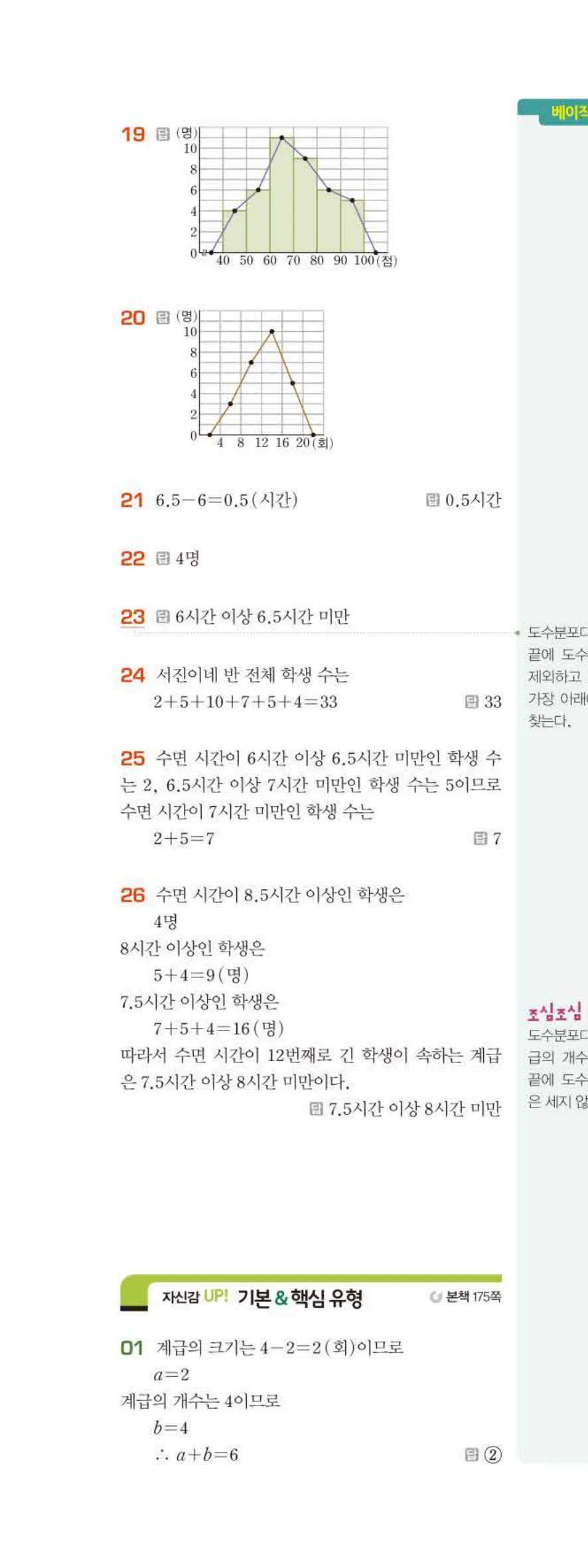 베이직쎈 중1-2 09 도수분포표 답지 해설 75쪽 위