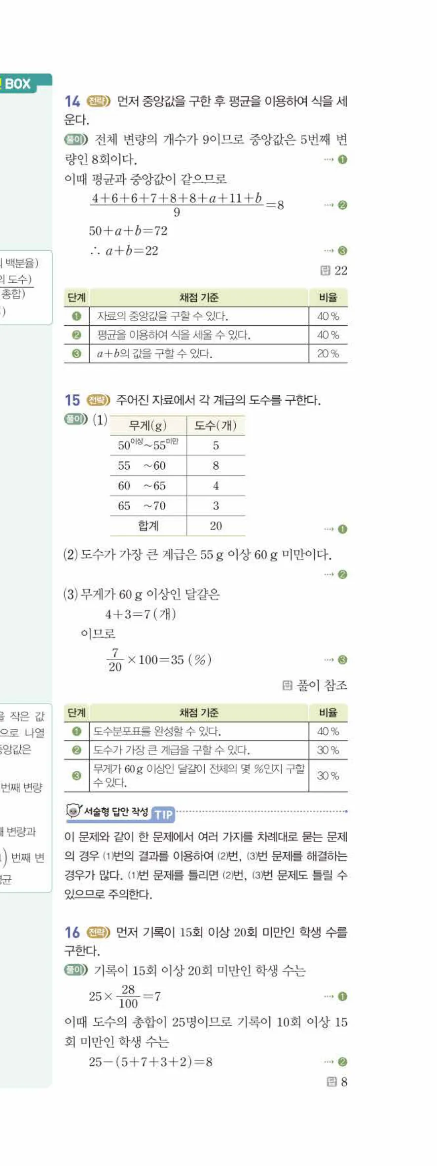 베이직쎈 중1-2 09 도수분포표 답지 해설 78쪽 아래