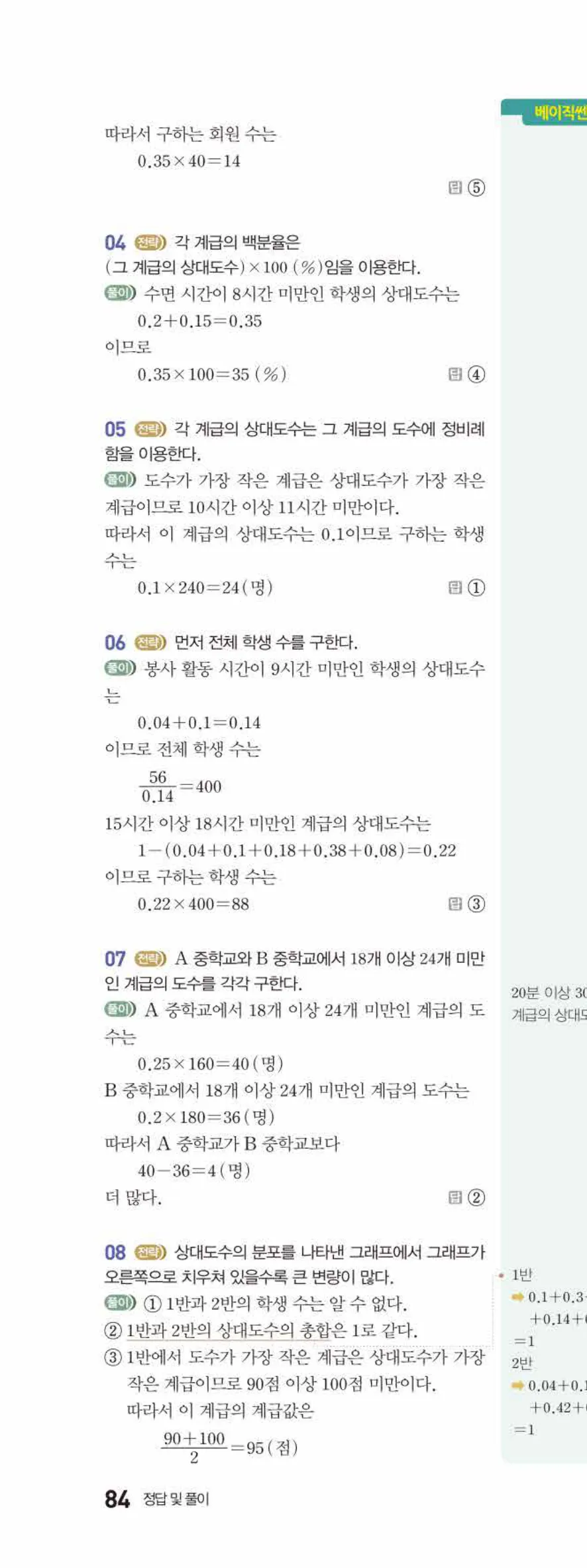 베이직쎈 중1-2 10 상대도수 답지 해설 84쪽 위