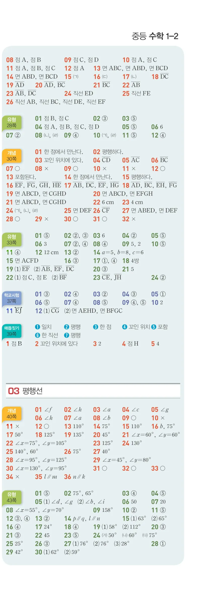 베이직쎈 중1-2 빠른 정답 2쪽 아래