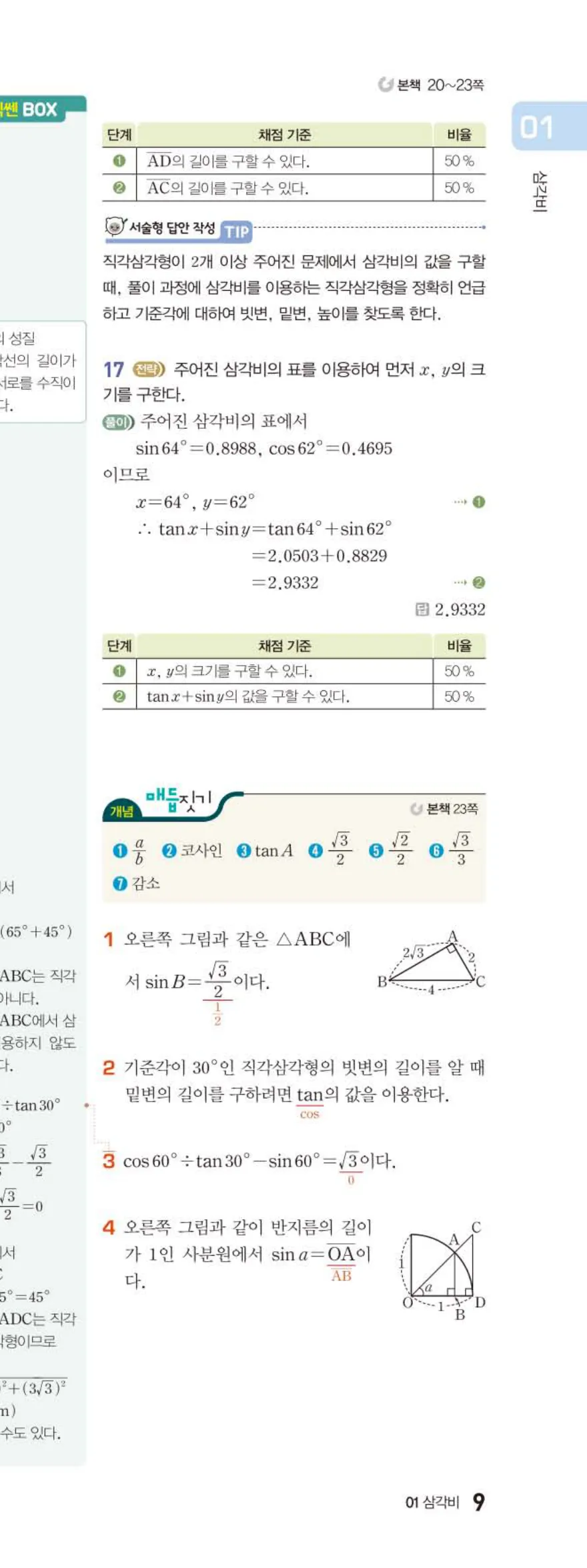 15개정 베이직쎈 중3-2 01 삼각비 답지 해설 9쪽 아래