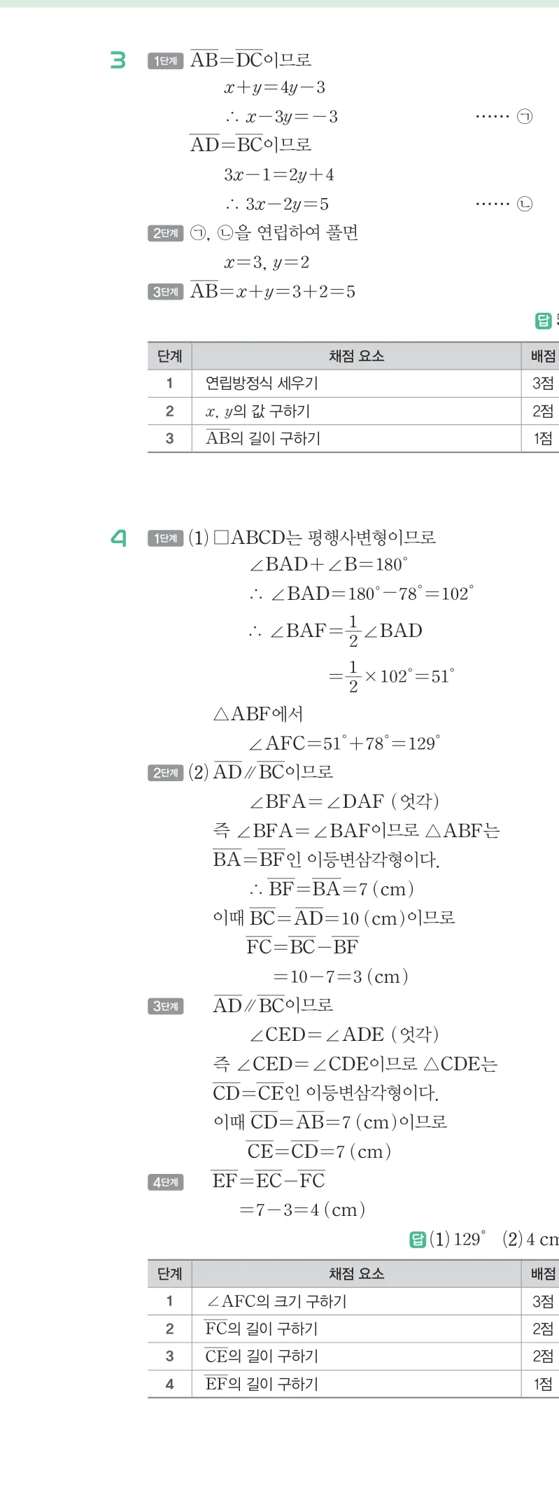 개념원리 중2-2 답지 03 평행사변형의 성질 해설 25쪽