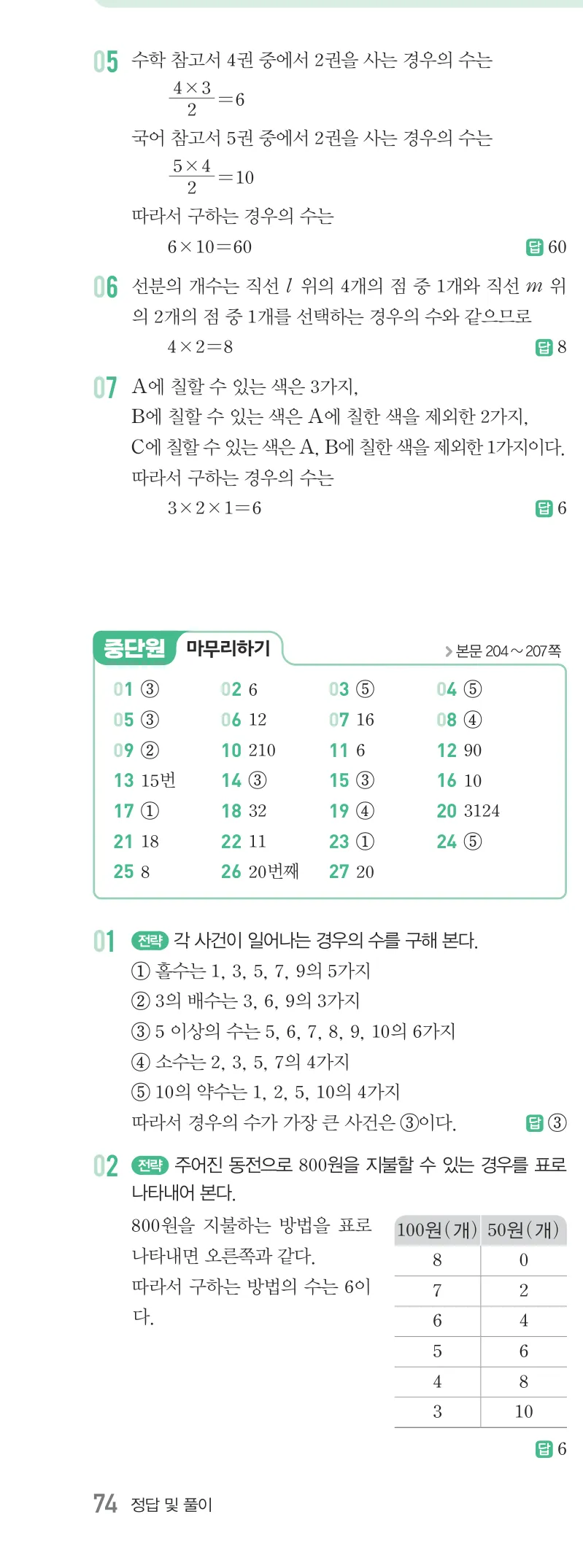 개념원리 중2-2 답지 09 경우의 수 해설 74쪽