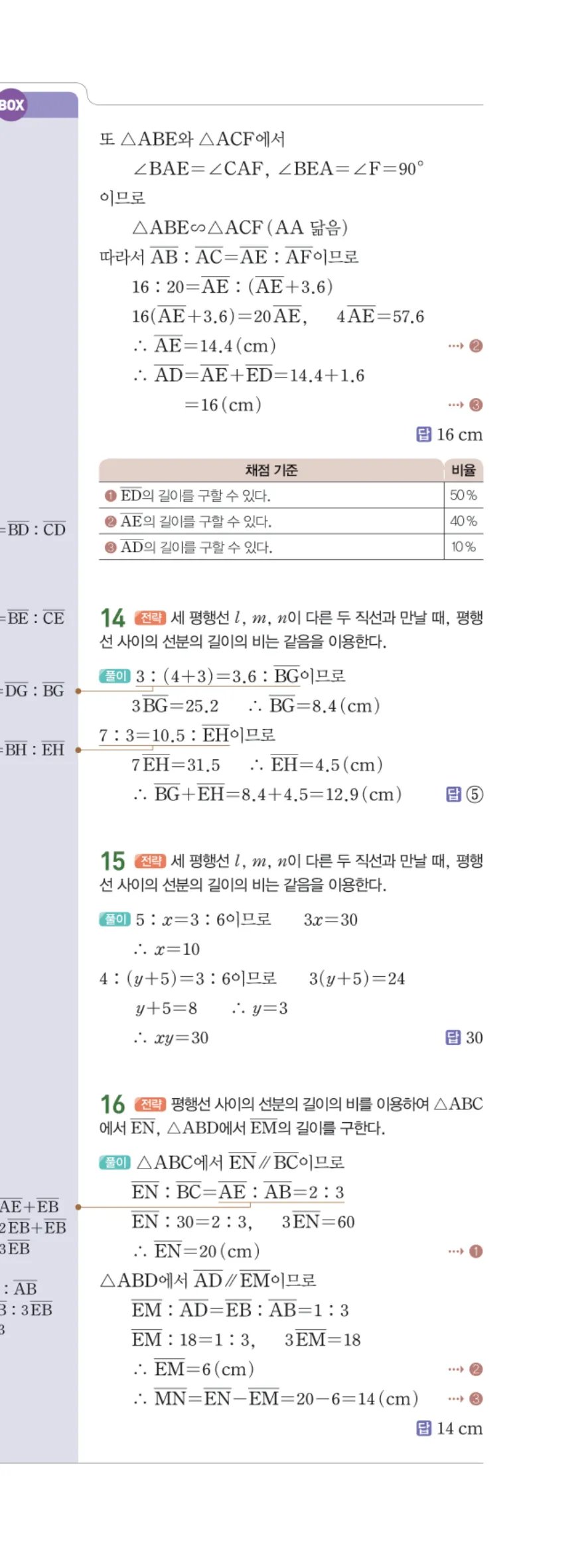 일품 중2-2 05 평행선 사이의 선분의 길이의 비 답지 해설 48쪽 오른쪽