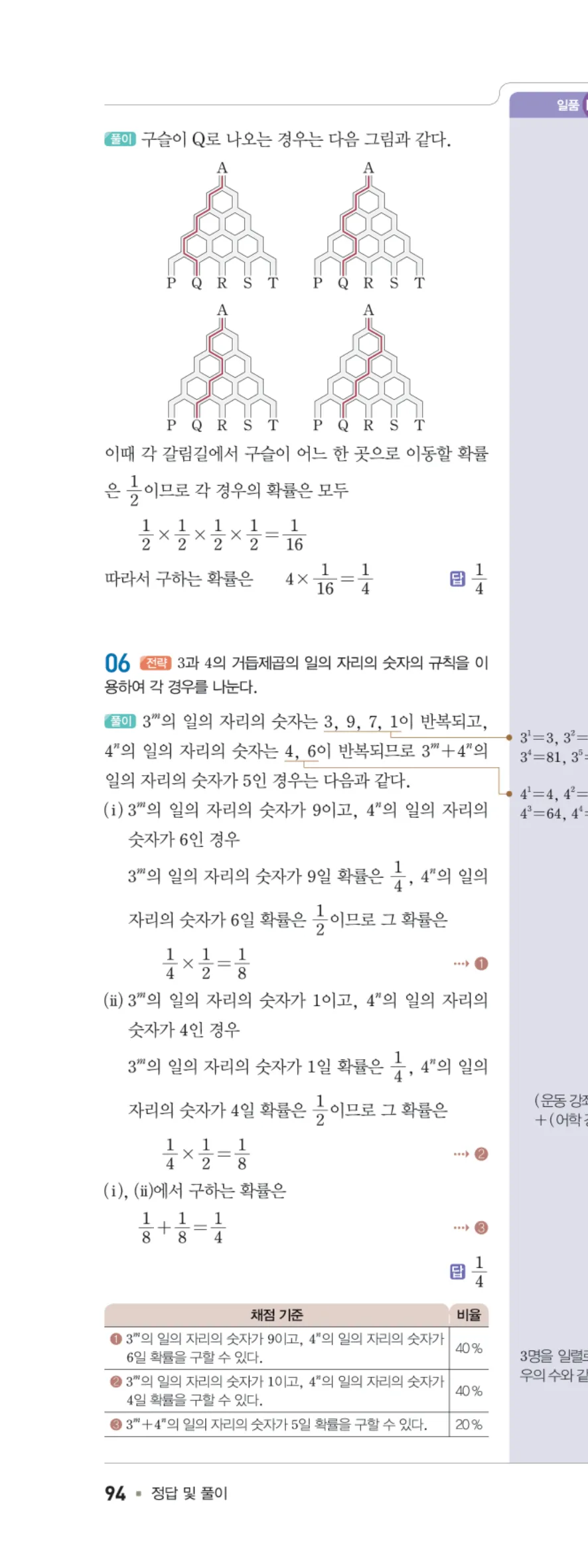 일품 중2-2 Ⅳ 확률 학교 시험 실전 TEST 답지 해설 94쪽 왼쪽