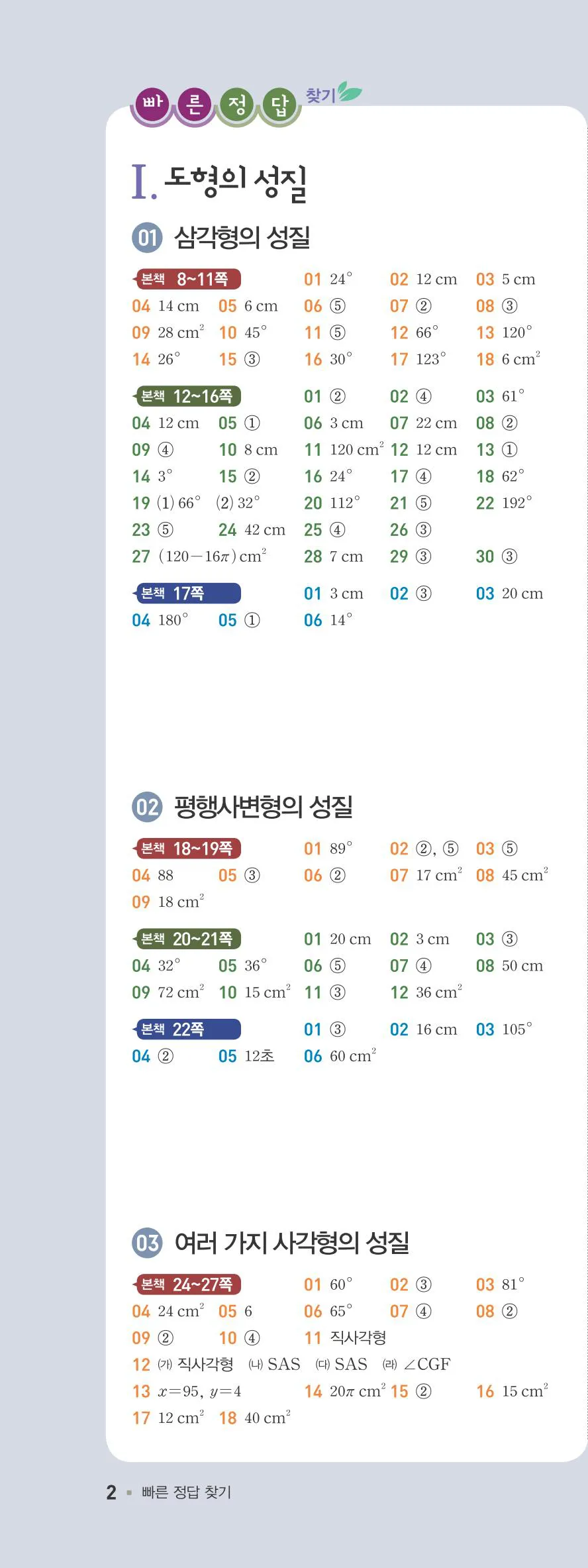 일품 중2-2 빠른답지 1쪽 왼쪽