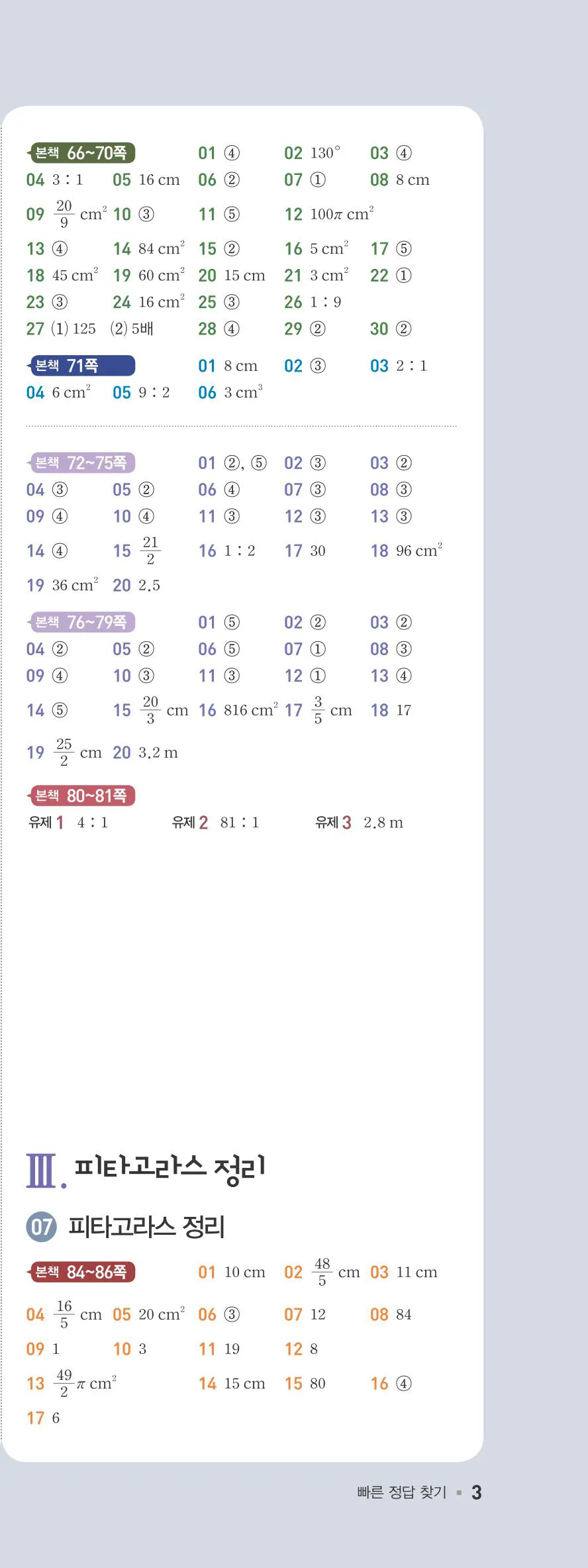 일품 중2-2 빠른답지 2쪽 오른쪽