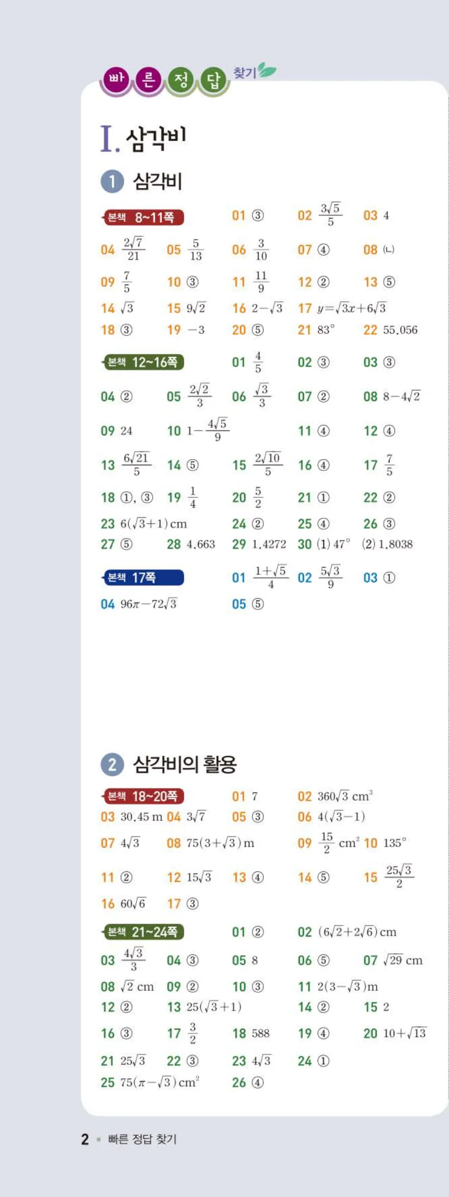 15개정 일품 중3-2 빠른답지 1쪽 상단