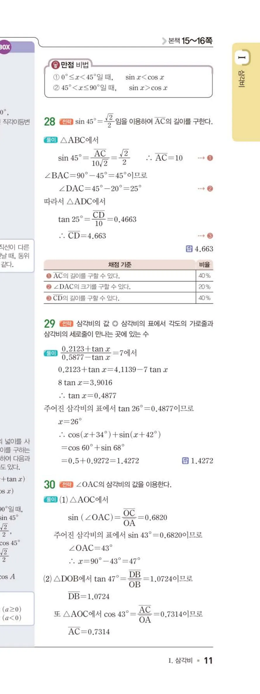 15개정 일품 중3-2 01 삼각비 답지 해설 (16)
