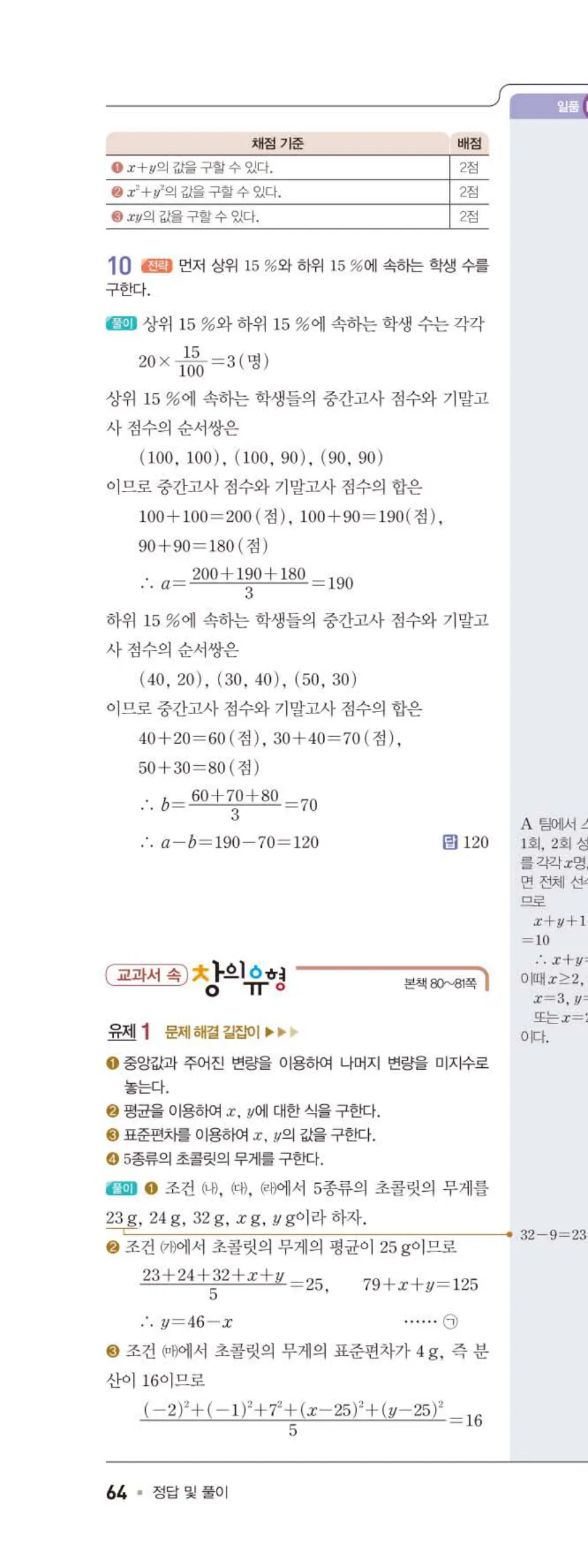 15개정 일품 중3-2 06 상관관계 답지 해설 (15) 교과서 속 창의유형