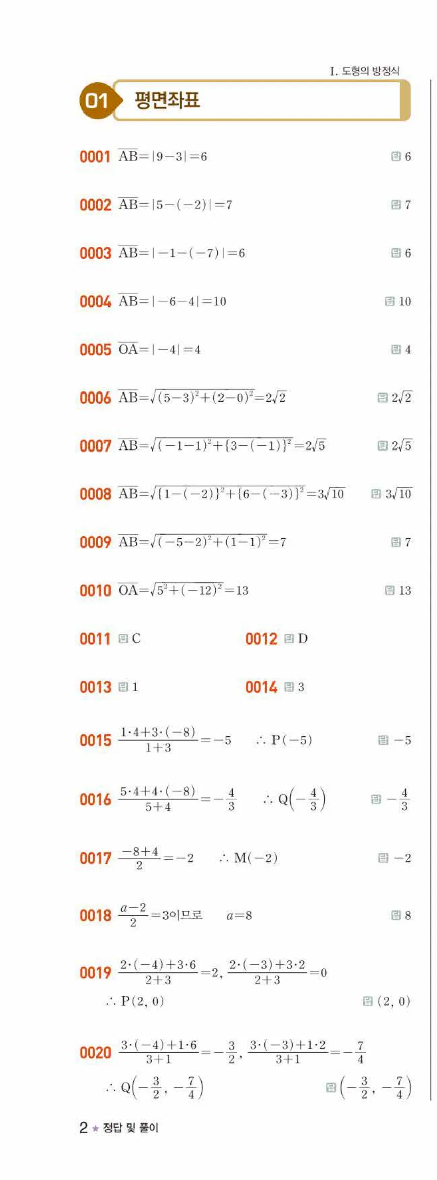 라이트쎈 공통수학2 01 평면좌표 답지 해설 2쪽 왼쪽