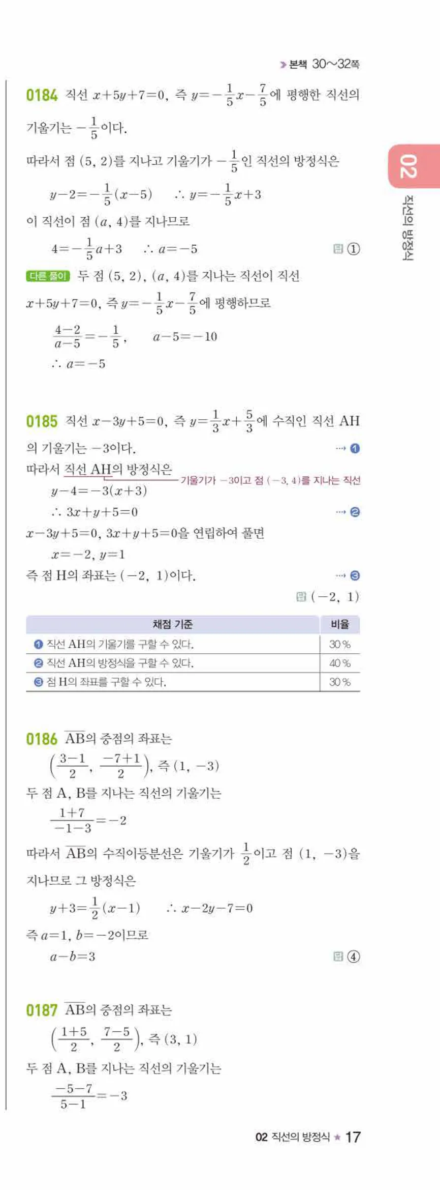 라이트쎈 공통수학2 02 직선의 방정식 답지 해설 17쪽 오른쪽