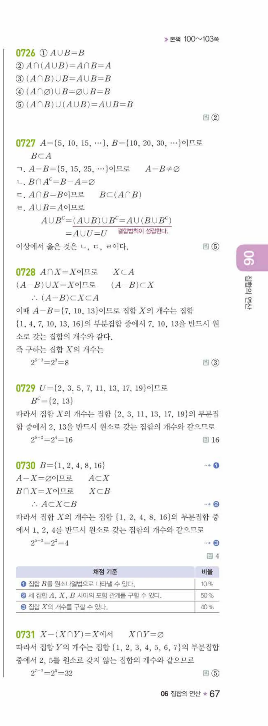 라이트쎈 공통수학2 06 집합의 연산 답지 해설 67쪽 오른쪽