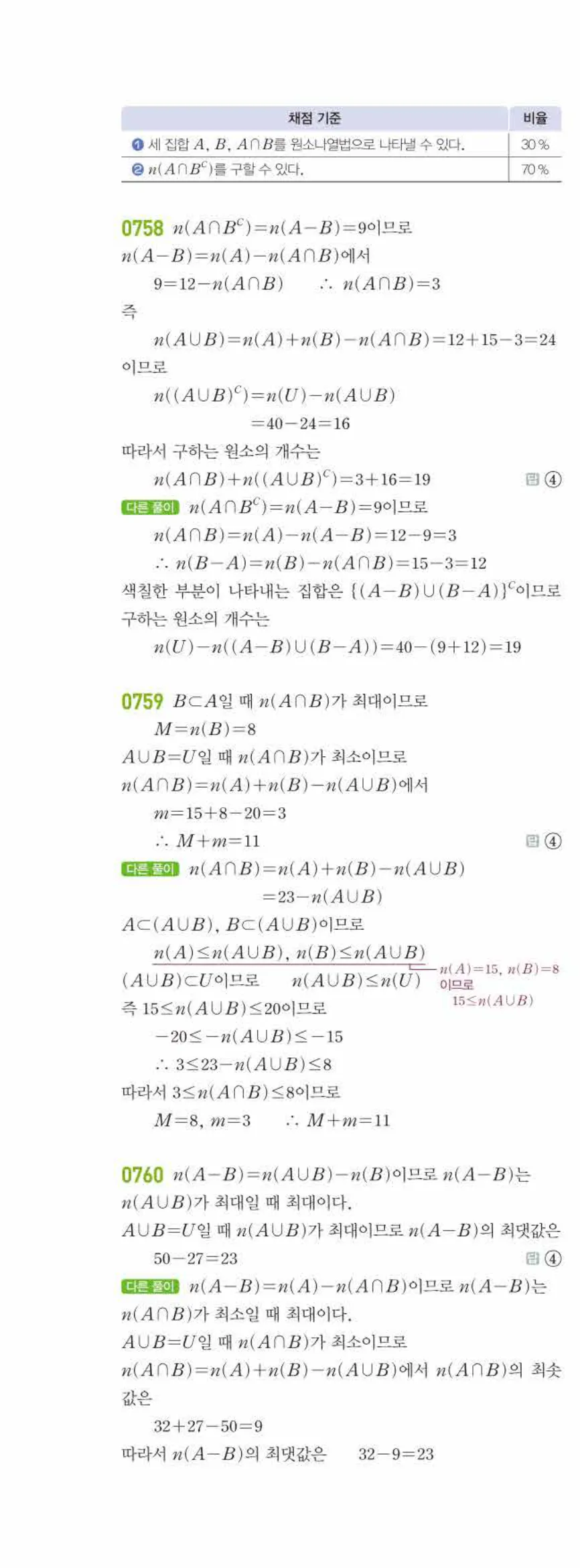 라이트쎈 공통수학2 06 집합의 연산 답지 해설 71쪽 왼쪽