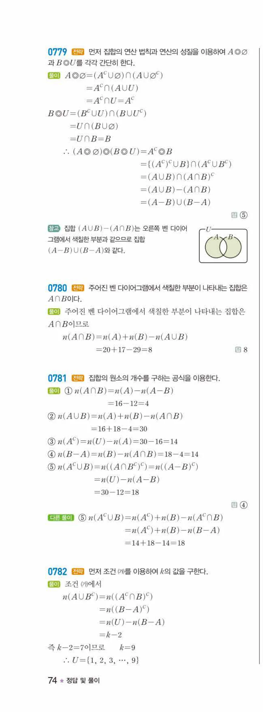 라이트쎈 공통수학2 06 집합의 연산 답지 해설 74쪽 왼쪽