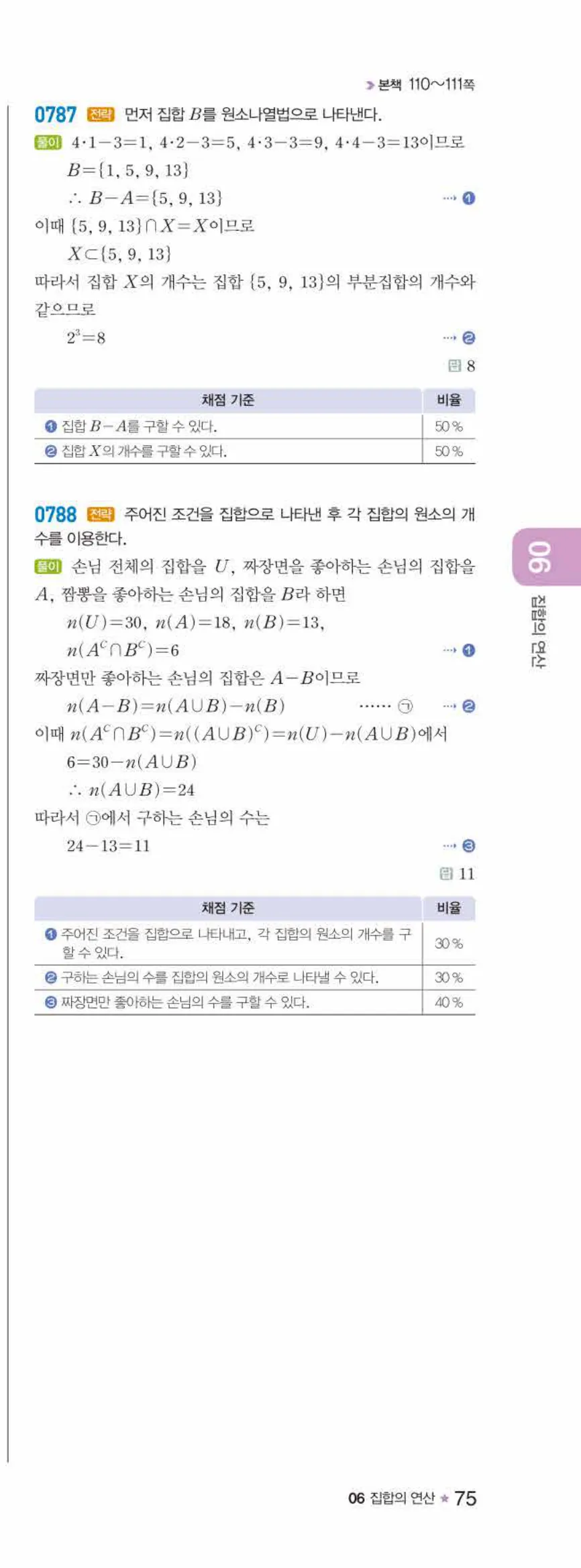 라이트쎈 공통수학2 06 집합의 연산 답지 해설 75쪽 오른쪽