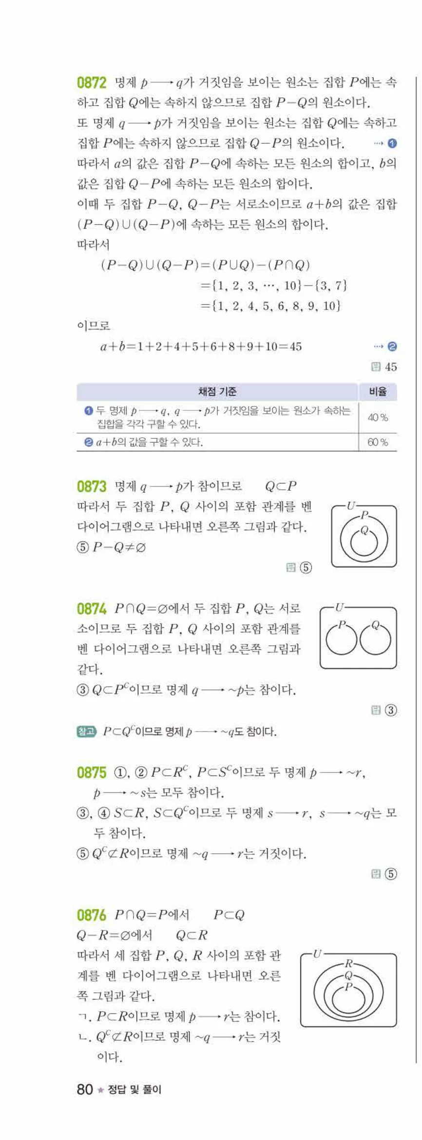 라이트쎈 공통수학2 07 명제 답지 해설 80쪽 왼쪽