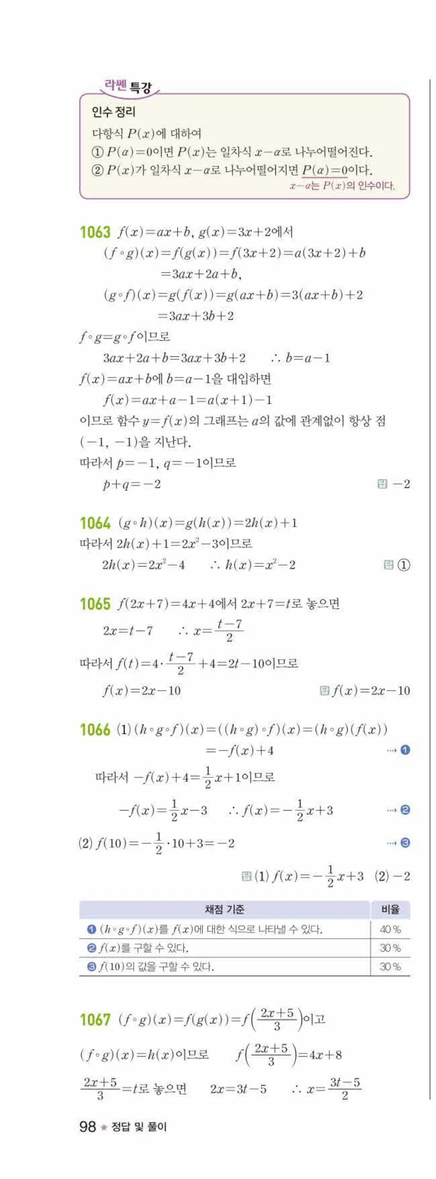 라이트쎈 공통수학2 08 함수 답지 해설 98쪽 왼쪽