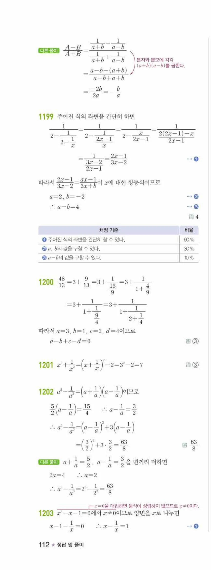 라이트쎈 공통수학2 09 유리식과 유리함수 답지 해설 112쪽 왼쪽