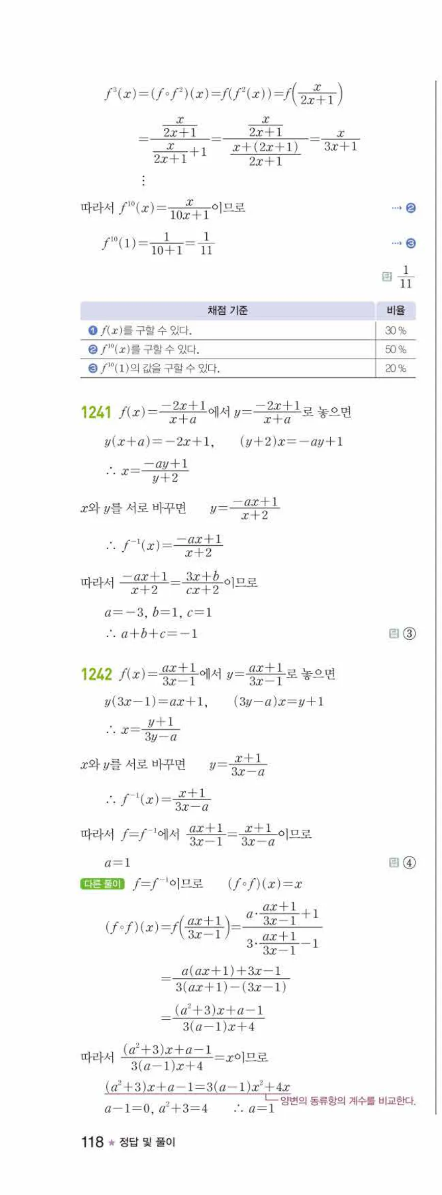 라이트쎈 공통수학2 09 유리식과 유리함수 답지 해설 118쪽 왼쪽