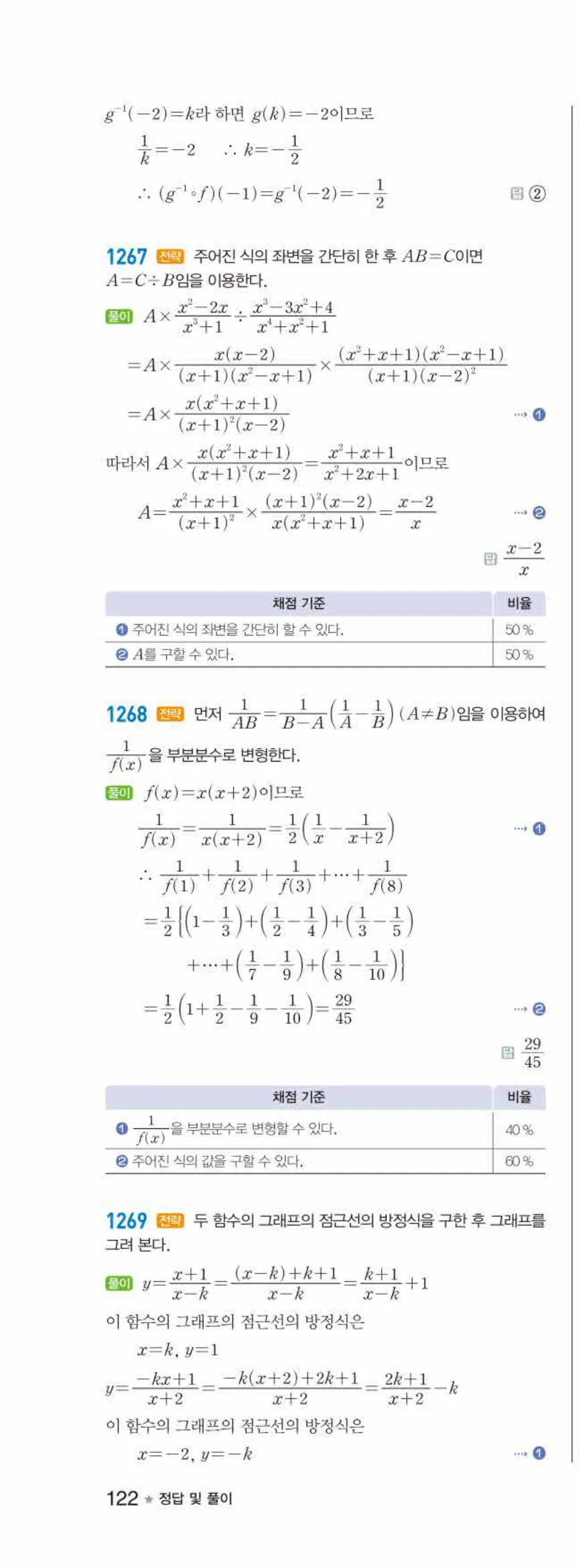 라이트쎈 공통수학2 09 유리식과 유리함수 답지 해설 122쪽 왼쪽