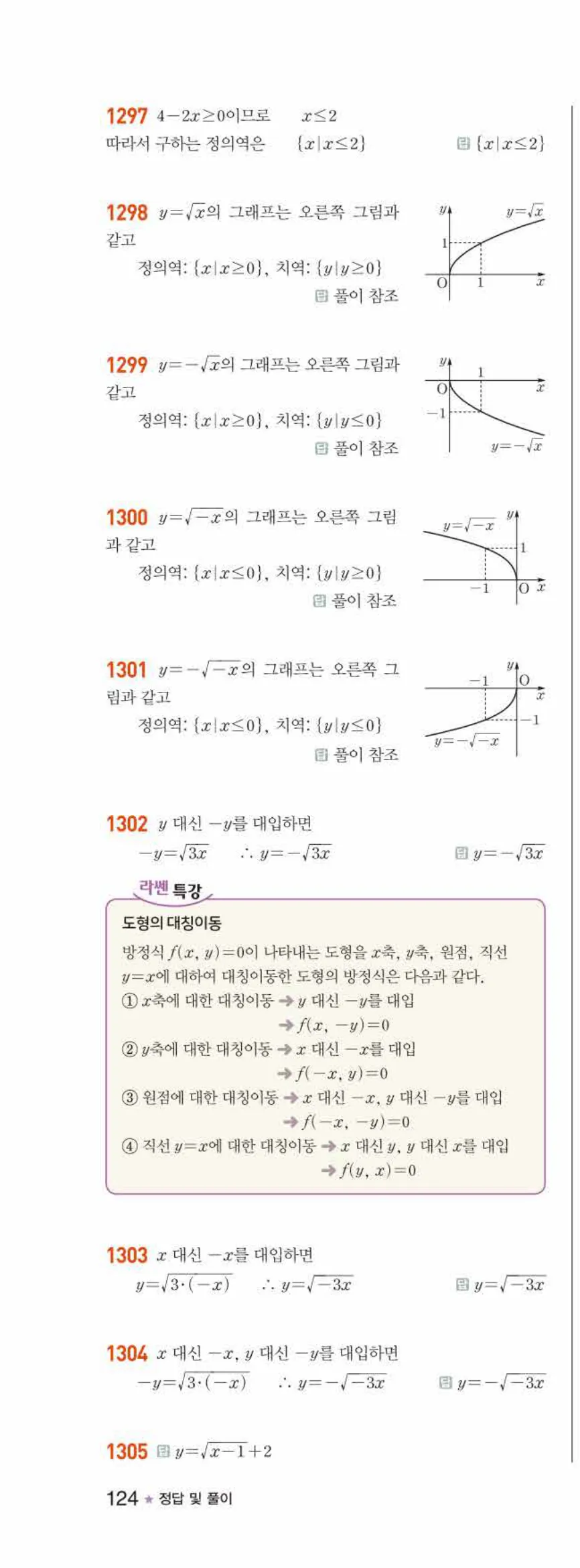라이트쎈 공통수학2 10 무리식과 무리함수 답지 해설 124쪽 왼쪽