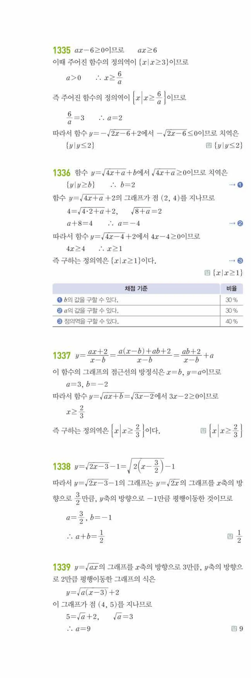 라이트쎈 공통수학2 10 무리식과 무리함수 답지 해설 127쪽 왼쪽