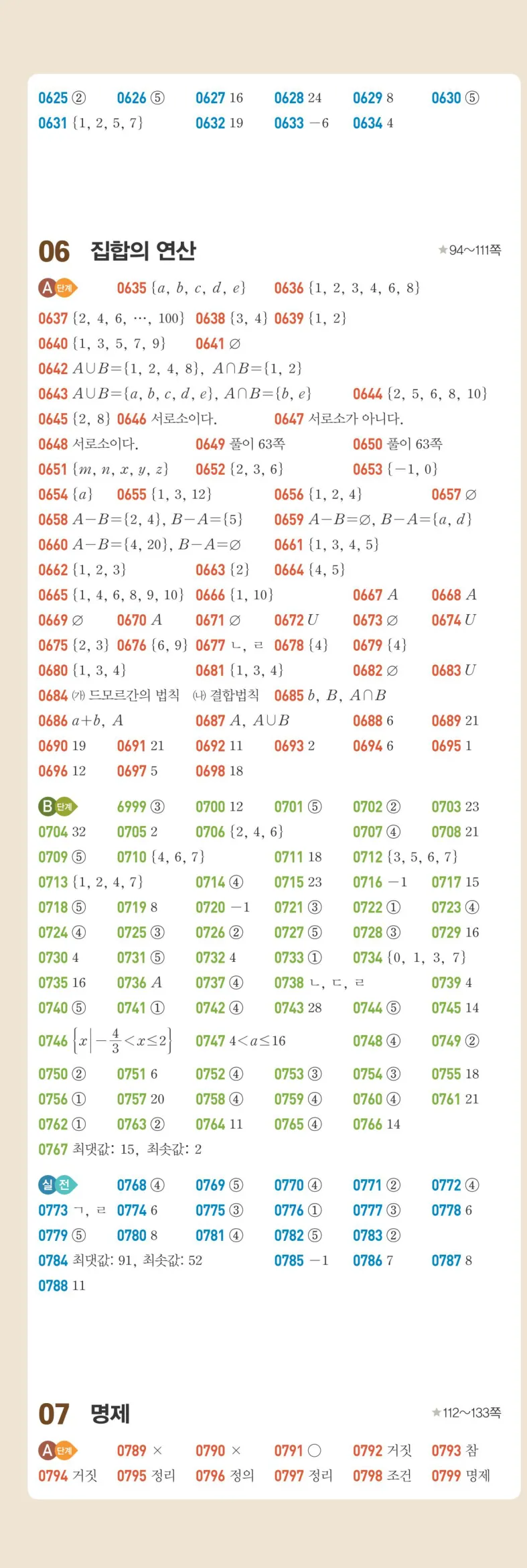 라이트쎈 공통수학2 빠른 정답 4쪽 왼쪽