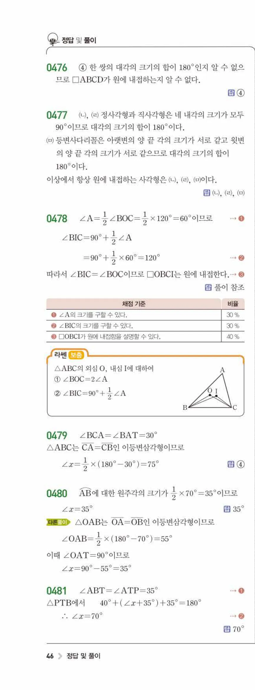 15개정 라이트쎈 중3-2 05 원주각의 활용 답지 해설 (7)