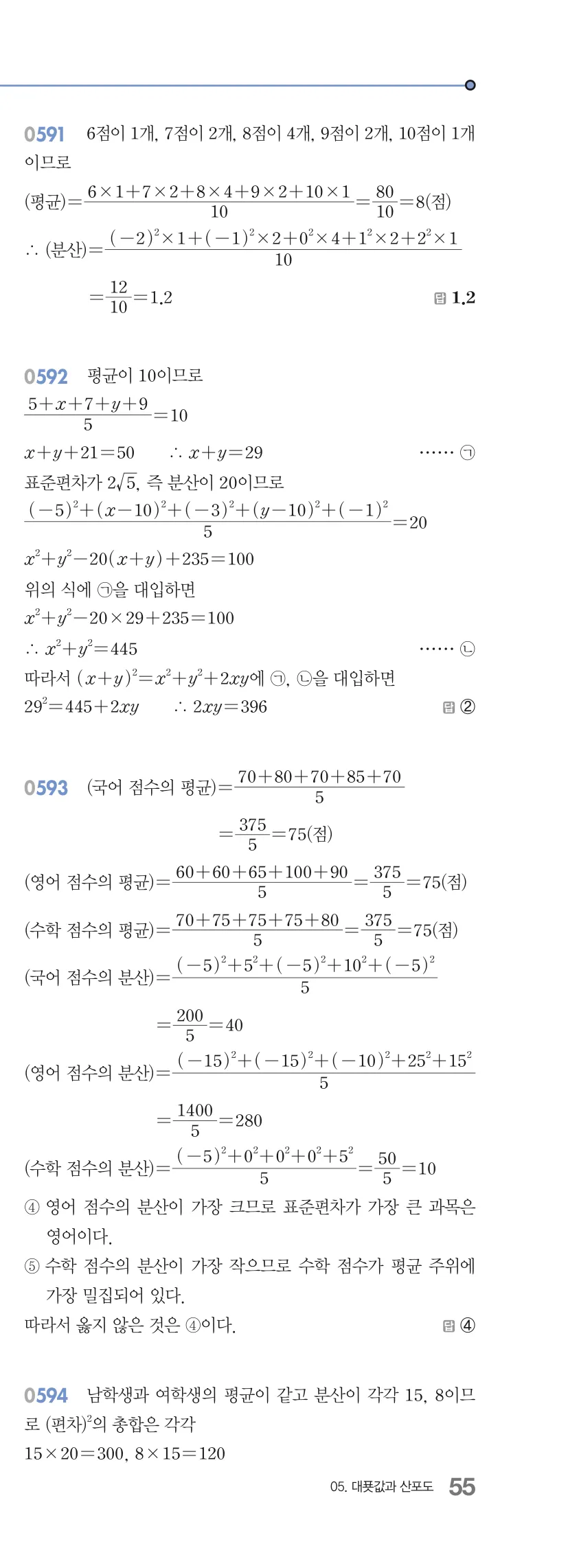 알피엠 중3-2 답지 05 대푯값과 산포도 해설 55쪽