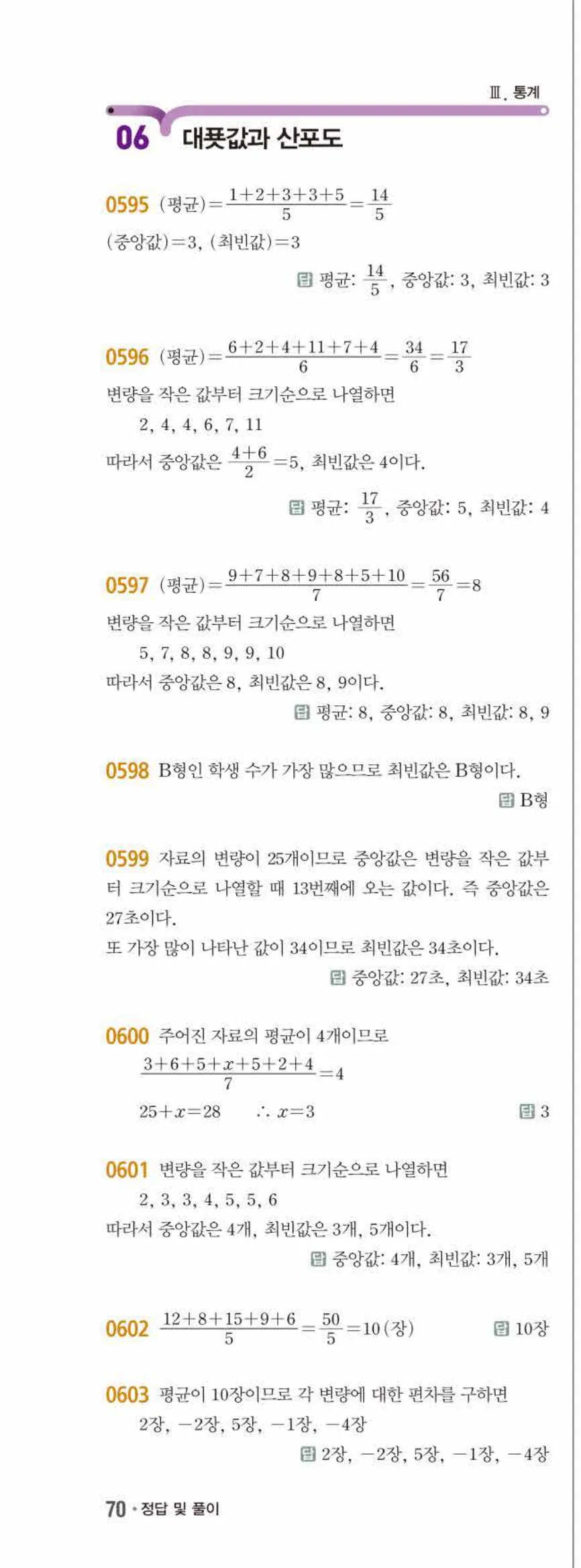 15개정 쎈수학 중3-2 06 대푯값과 산포도 답지 해설 (1)