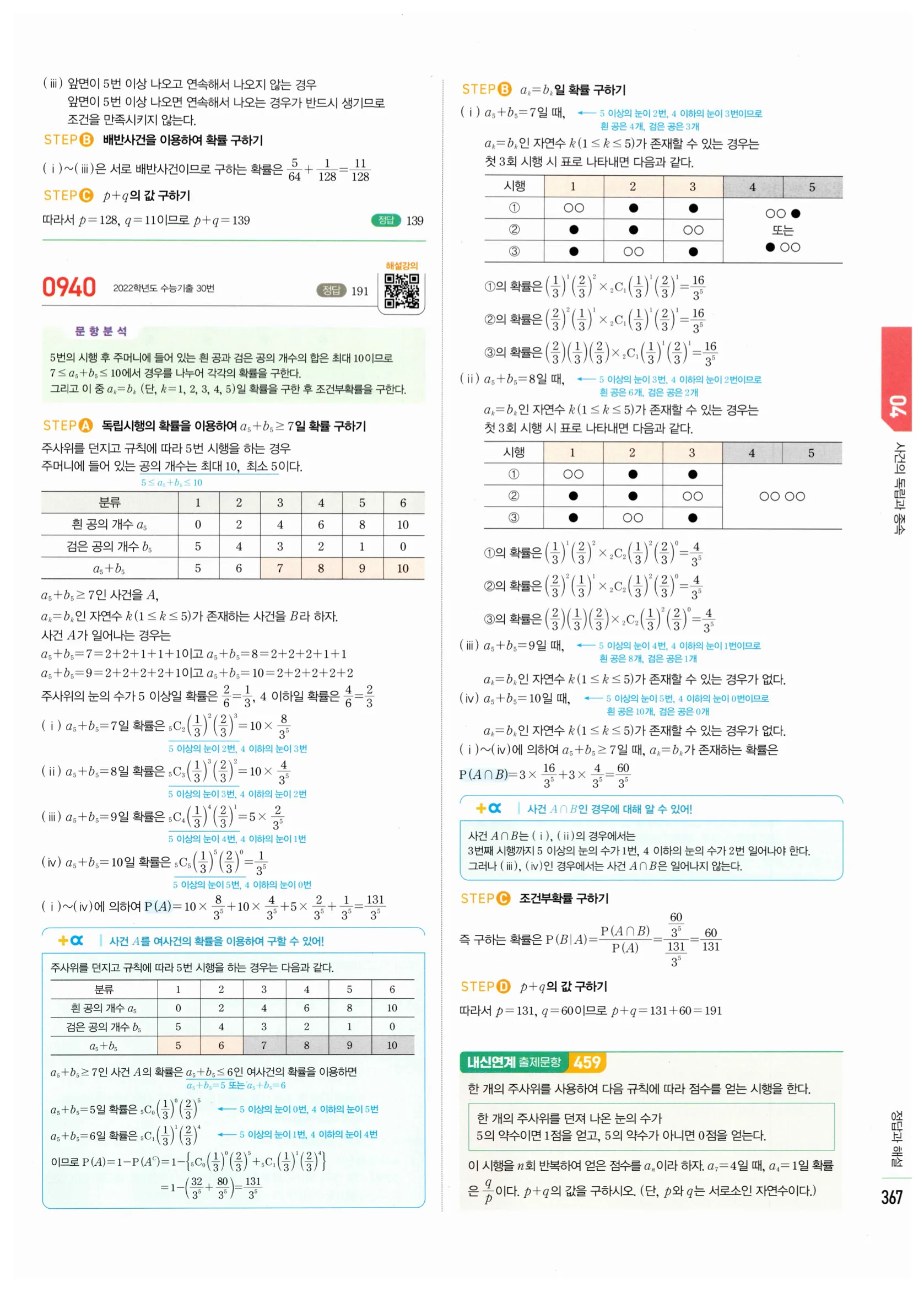 2026 마플시너지 확률과통계 04 사건의 독립과 종속 답지 72쪽