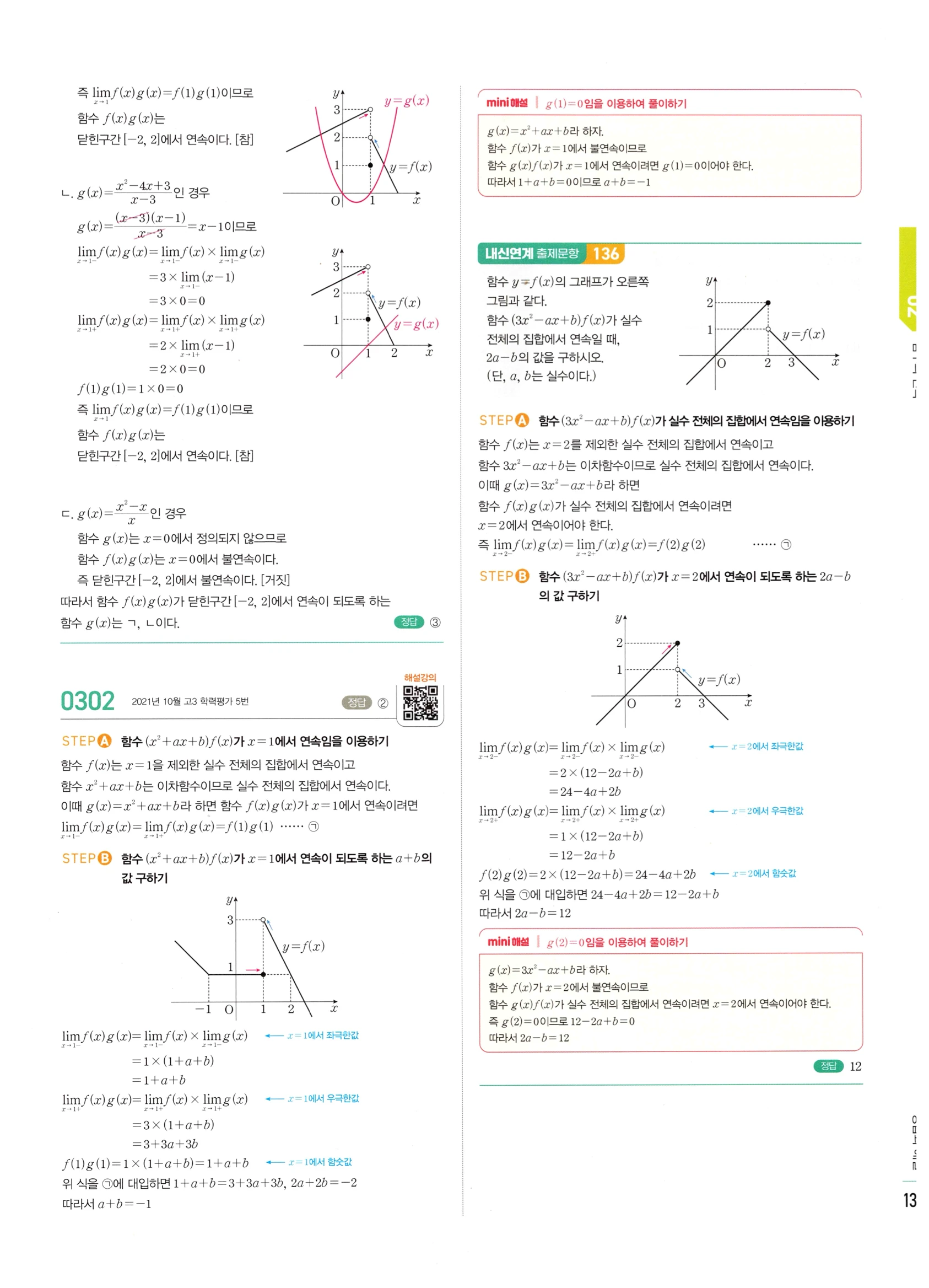 2026 마플시너지 미적분1 Ⅰ-02 함수의 연속 답지 해설 137쪽