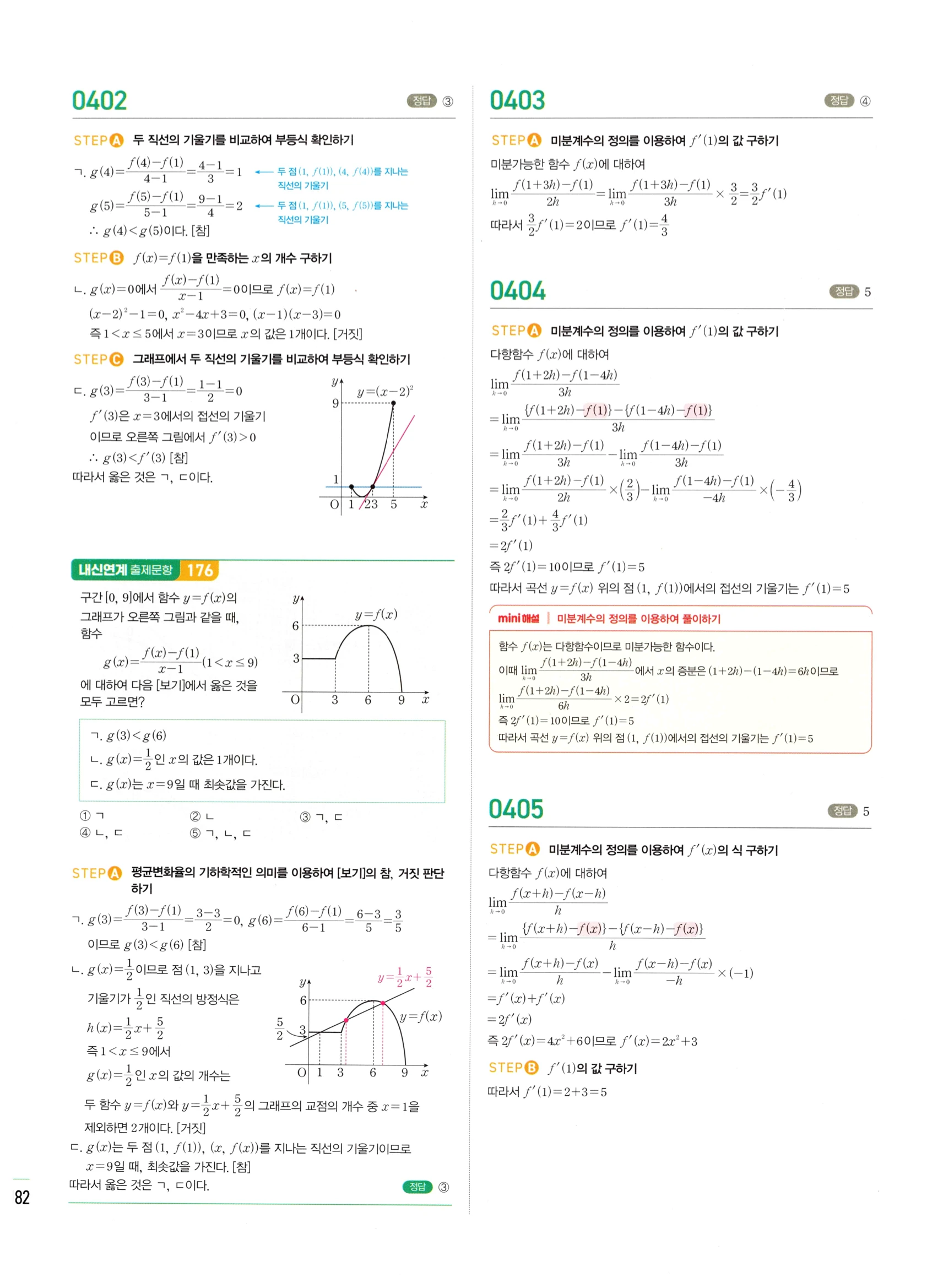 2026 마플시너지 미적분1 Ⅱ-01 미분계수와 도함수 답지 해설 182쪽