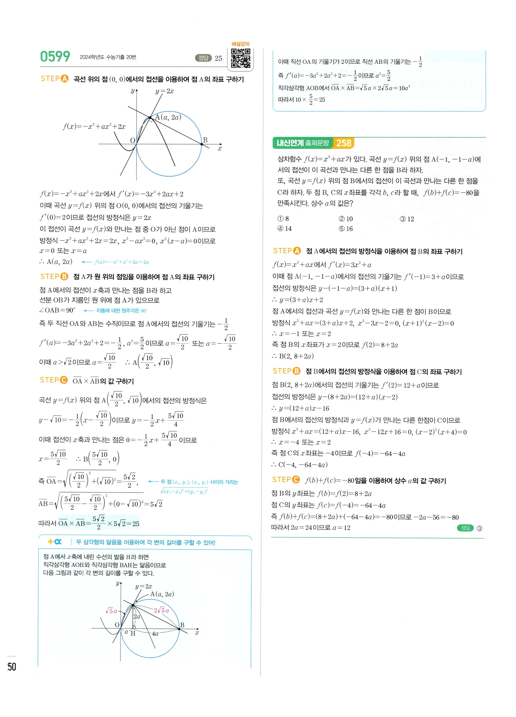 2026 마플시너지 미적분1 Ⅱ-02 접선의 방정식과 평균값 정리 답지 해설 250쪽